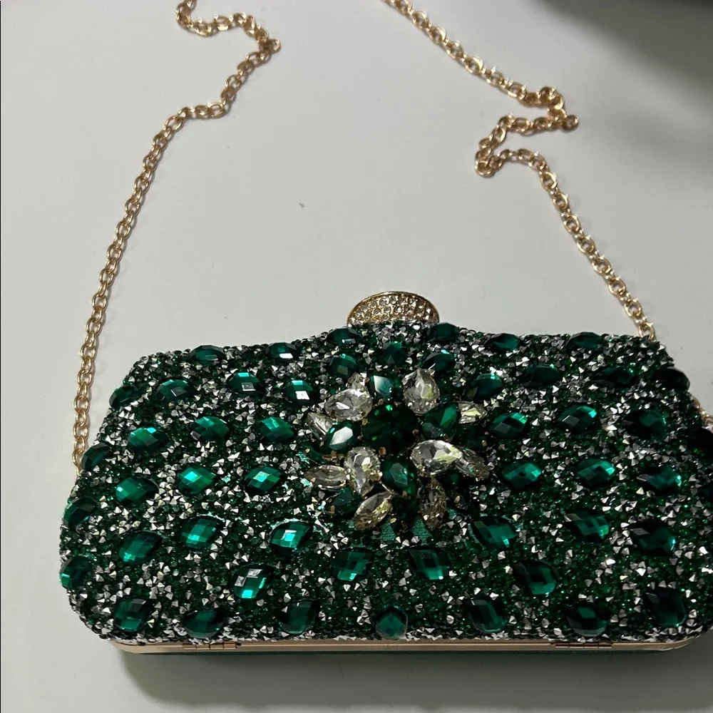 Emerald Crystal Evening Clutch with Gold Chain - Picture 10 of 16